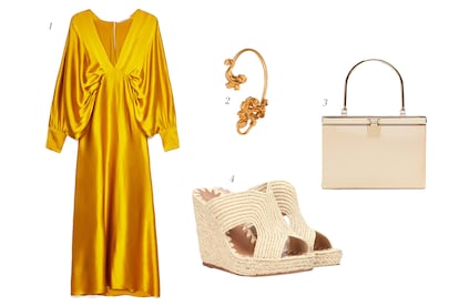 1. Vestido seda de Uterqüe (179€). 2. Pendientes dorados de Versace ( 169,95€ a la venta en Zalando.com). 3. Bolso cofre de Mango (59,99€). 4. Sandalias de rafia de Carrie Forbes (350€ apróx.).