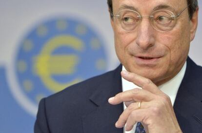 ECB chief Mario Draghi during Thursday&#039;s press conference. 