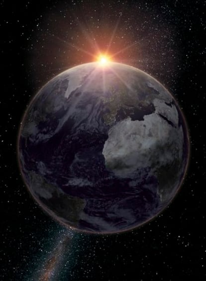 Ilustracion de la luz del Sol pasando a traves de la atmósfera de la Tierra durante un eclipse, visto desde la Luna.