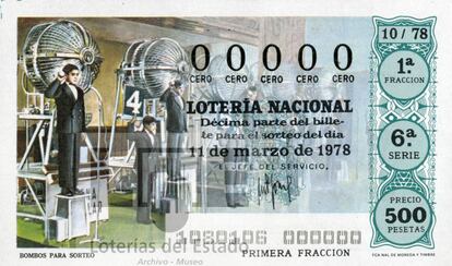 Por unas 500 pesetas se podía adquirir un décimo en 1978. El tema del dibujo de ese año era 'Agricultura, minería, pesca, industria y energía'.