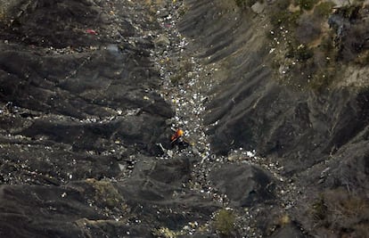 An aerial view of the debris at the crash site of the Germanwings A320, which went down with 150 people on board while en route from Barcelona to Düsseldorf.