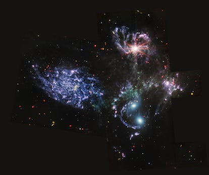 Quinteto de Stephan. El primer grupo compacto de galaxias, descubierto en 1877 por el astrónomo francés Édouard Jean-Marie Stephan. Está a unos 300 millones de años luz. Cuatro de sus galaxias están unidas por sus fuerzas de gravedad en una coreografía violenta que en ocasiones los hace chocar, lo que reaviva el nacimiento de nuevos astros.
