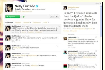 Imagen del <a>twitter</a> de Nelly Furtado donde explica que donará el dinero que le dio Gadafi en una gala.