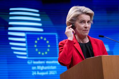 Ursula von der Leyen,  en la conferencia de prensa que siguió a la reunión virtual del G-7 este martes en Bruselas.