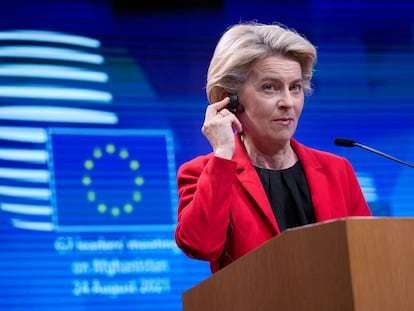 Ursula von der Leyen,  en la conferencia de prensa que siguió a la reunión virtual del G-7 este martes en Bruselas.