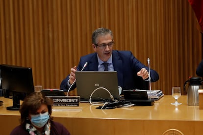 El Gobernador del Banco de España, Pablo Hernández de Cos, durante una comparecencia en el Congreso de los Diputados.