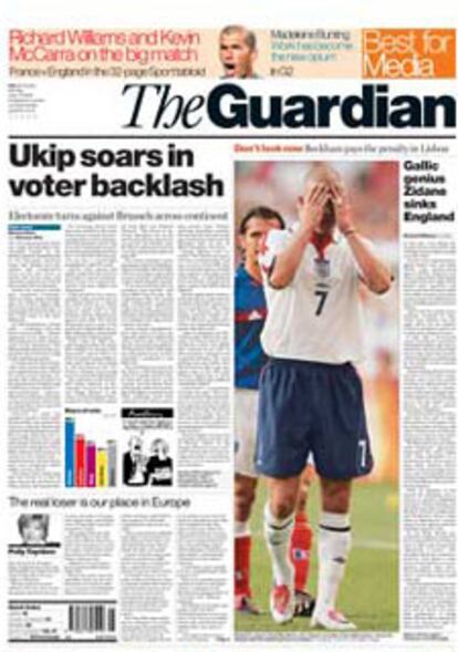 El diario británico <i>The Guardian</i> titula "El UKIP se eleva mientras los votantes reaccionan", en referencia al sustancial ascenso que ha experimentado el Partido Independiente del Reino Unido, que promueve la retirada de la UE.
