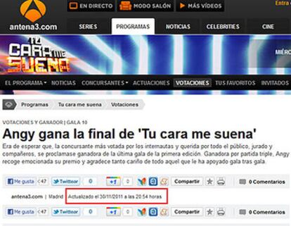 Imagen de la nota publicada en la web de Antena 3, antes que se celebrara la final del concurso (Twitter)