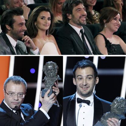 Arriba, Jordi Mollá, Penélope Cruz, Javier Bardem y Lola Dueñas en el patio de butacas. Abajo, Daniel Monzón con su premio al mejor director y Amenábar con el suyo al mejor guión