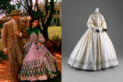 El vestido de paseo con el que el matrimonio Butler regresa a Tara tras la guerra bien podría estar inspirado en este modelo de 1865 que se conserva en el Costume Institute.