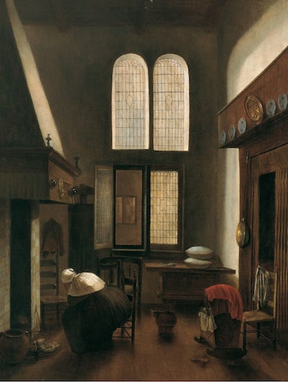 Jacobus Vrel, &#039;Interior con una mujer sentada junto al hogar&#039;, (1654), &oacute;leo sobre tabla