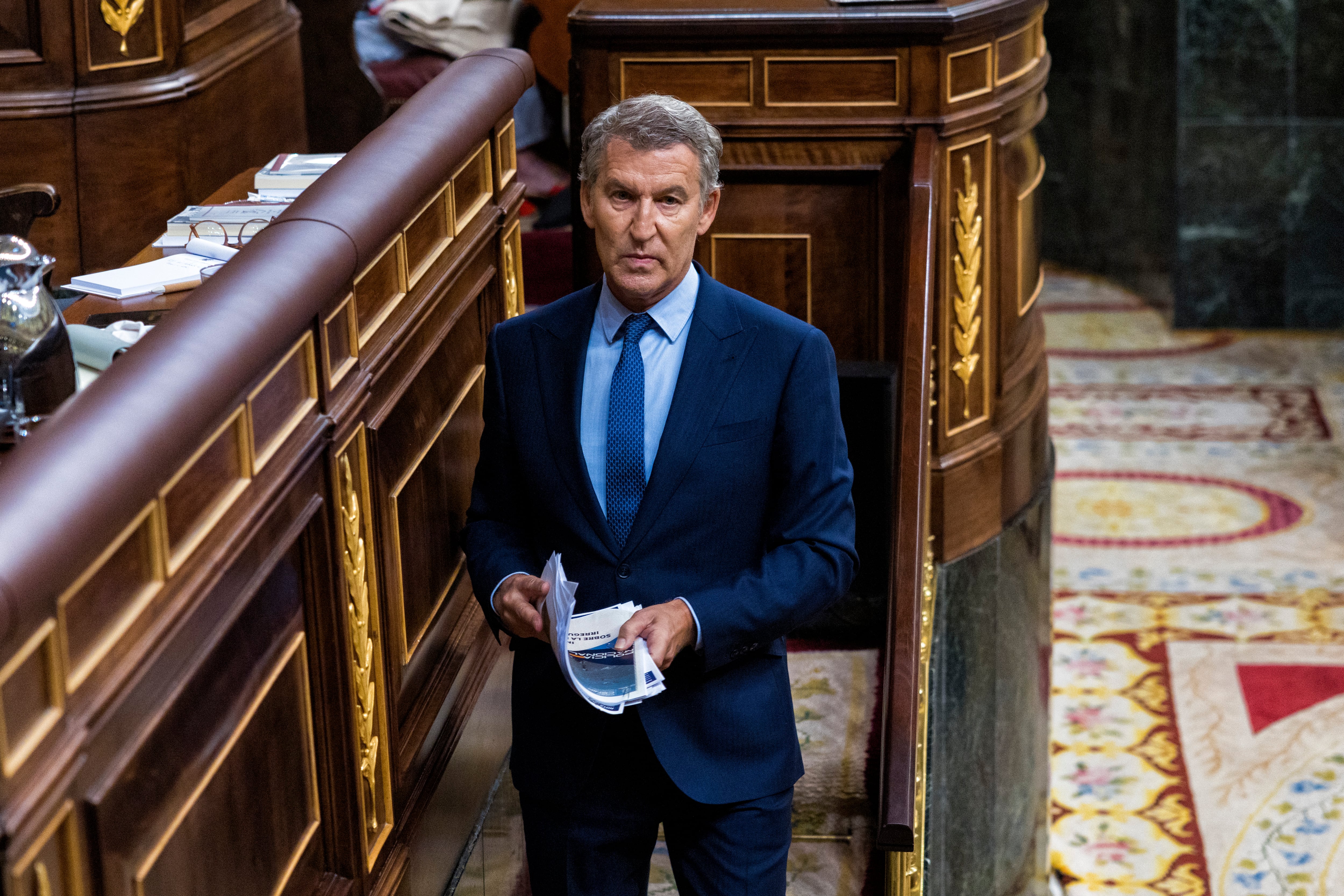 El líder del PP, Alberto Núñez Feijóo, tras su intervención este jueves en el Congreso.