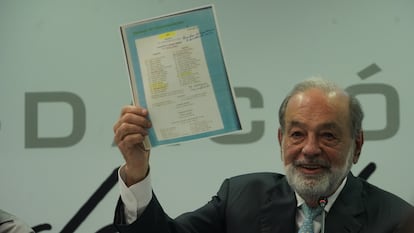 Carlos Slim durante una conferencia de prensa en Ciudad de México, en febrero de 2024.