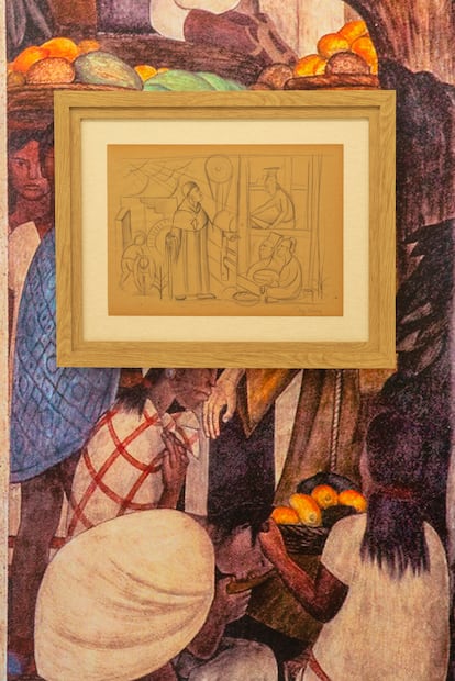 Boceto de Diego Rivera para los frescos del Palacio de Hernán Cortés en Cuernavaca, expuesto en la galería Arte 92.