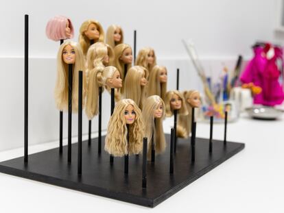 Barbie heads, in the doll's styling room to prepare their 'looks' for their social media profiles, at Mattel's offices in El Segundo, California, in February 2024.