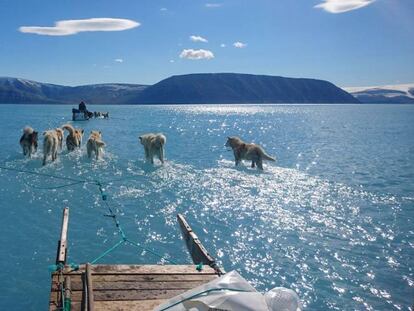 Fiordo de Inglefield Bredning, en Groenlandia. Alrededor de 11.000 millones de toneladas de hielo se derritieron el jueves en la capa superficial de Groenlandia, una cifra récord que equivale a 4.4 millones de piscinas olímpicas