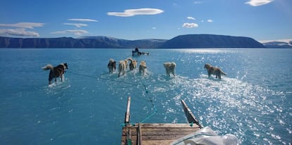 Fiordo de Inglefield Bredning, en Groenlandia. Alrededor de 11.000 millones de toneladas de hielo se derritieron el jueves en la capa superficial de Groenlandia, una cifra récord que equivale a 4.4 millones de piscinas olímpicas