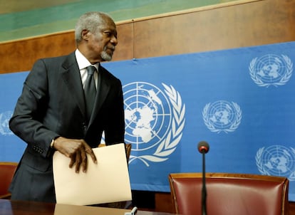 Kofi Annan, mediador de la ONU y la Liga Árabe, después de una rueda de prensa en Ginebra en 2012.