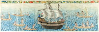 Llegada de un galeón español a las islas de los Ladrones (hoy Marianas). El dibujo pertenece al 'Códice Boxer', circa 1590.