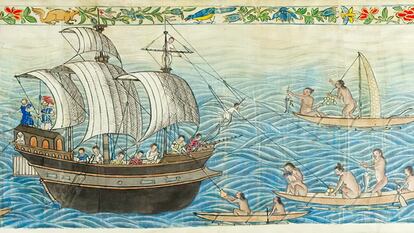 Llegada de un galeón español a las islas de los Ladrones (hoy Marianas). El dibujo pertenece al 'Códice Boxer', circa 1590.