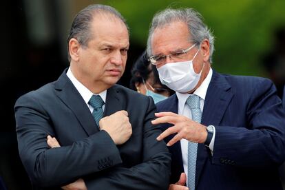 Brazil's Deputy Ricardo Barros listens Brazil's Economy Minister Paulo Guedes during a Flag Day ceremony at the Planalto Palace, in Brasilia, Brazil November 19, 2020. REUTERS/Adriano Machado