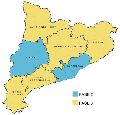 Mapa del Govern con su propuesta de desescalada para el lunes 15 de junio, donde Girona y la Catalunya Central avanzarían a la fase 3 y Barcelona y Lleida se quedaría en la segunda etapa.