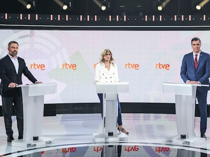 Santiago Abascal, Yolanda Díaz y Pedro Sánchez, en el debate electoral de RTVE el miércoles.