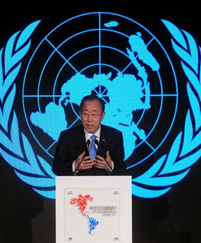 O secretário-geral das Nações Unidas, Ban Ki-Moon, participa da II Cúpula Empresarial das Américas, como parte da VII Cúpula das Américas.