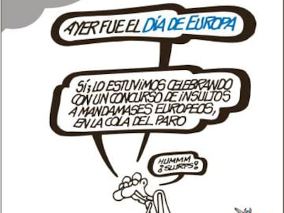 -"Yesterday was Europe Day." -"Yes, we celebrated by holding a Let's-Insult-European-Bosses competition while standing in the unemployment line." -"Hmmm. (Slurps)."