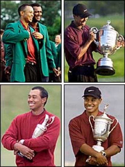 De izquierda a derecha y de arriba a bajo, Tiger Woods tras ganar el Masters de 2001 y la PGA, el Open Británico y el Open de Estados Unidos de 2000.