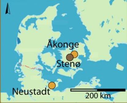 Localizaci&oacute;n de los yacimientos, en Dinamarca y Alemania, donde se han encontrado cacharros de cocina de hace unos 6.000 a&ntilde;os con restos de alimentos carbonizados.
 