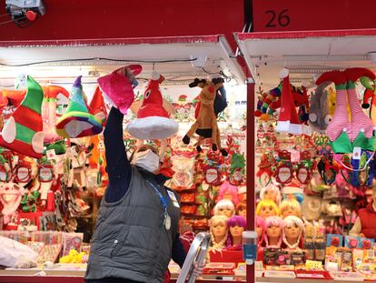 A stall at a Christmas market in Madrid’s Plaza Mayor square.