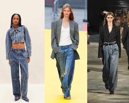 Un ‘baggy jean’ para cada mujer. Está claro que el vaquero holgado ha llegado para quedarse. Prueba de ello es la multitud de estilos y acabados sobre su silueta amplia que encontramos en la pasarela. Si Tibi (a la izquierda) extrema la holgura del vaquero como si fuera una prenda con dos tallas de más, Stella MacCartney (en el centro) añade ese punto de customización tan presente en los años 90 a su pernera relajada en forma de retales de cuero, diferentes lavados en denim y cremalleras. Los pantalones panelados, en cambio, que han dado tanto que hablar las últimas temporadas, se adaptan a la rigidez del vaquero en manos de Jacquemus (a la izquierda) con un suave lavado al ácido.