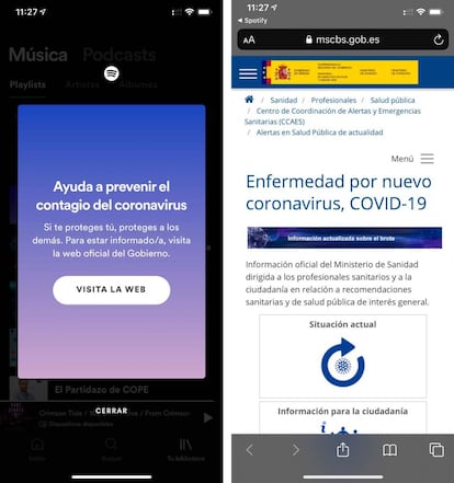 Spotify y sus avisos contra el Covid-19.