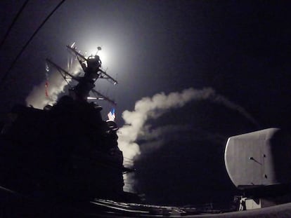 Tomahawk missiles are launched into Syria by the ‘USS Porter’ destroyer.