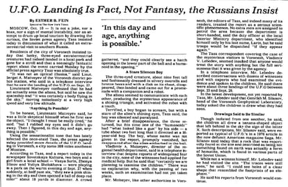 Noticia del 11 de octubre de 1989, del archivo de 'The New York Times'. Puede consultarse <a href="https://www.nytimes.com/1989/10/11/world/ufo-landing-is-fact-not-fantasy-the-russians-insist.html">en su hemeroteca</a>.