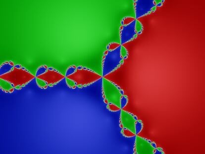En rojo, verde, y azul: distintos conjuntos de Fatou de una misma función racional.