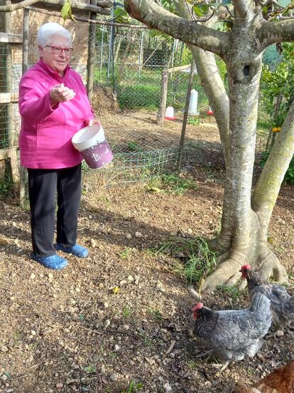 Dolors Pascual, paciente con psoriasis, alimentando a sus gallinas en su vivienda a las afueras de Palma de Mallorca.