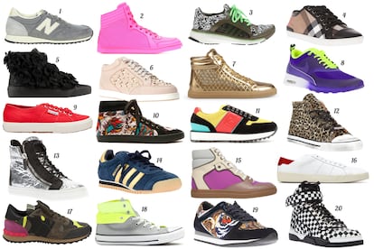 1. New Balance De ante bicolor. 2. Gucci De piel perforada. 3. Adidas by Stella McCartney Con print en blanco y negro y detalles khaki. 4. Burberry London Con print de cuadros y puntera de piel. 5. Chanel Cruise Con aplicaciones de flores de encaje. 6. Jimmy Choo Con estrellas doradas. 7. Dsquared2 Dorada con rejilla. 8. Nike Modelo “Air Max Thea” en violeta y verde flúor. 9. Superga De loneta. 10. Bimba & Lola Con print acolchado y detalles de ante. 11. Fendi De ante y piel en cuatro colores. 12. Dioniso De piel de potro con print de leopardo y pinchos. 13. Giuseppe Zanotti En plata y negro con cordones y cremallera. 14. Adidas Originals by Mark McNairy Modelo "RoMcnasty 84 Lab" en ante. 15. Balenciaga De piel en cuatro colores. 16. Saint Laurent Paris De piel con detalle rojo. 17. Valentino Garavani Con print de camuflaje y ante. 18. Converse De loneta bicolor. 19. Kenzo De ante con print de tigre. 20. Givenchy De cuadros bicolor.