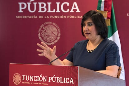 Irma Erendira Sandoval, en una conferencia como secretaria de la Función Pública, en noviembre de 2019.