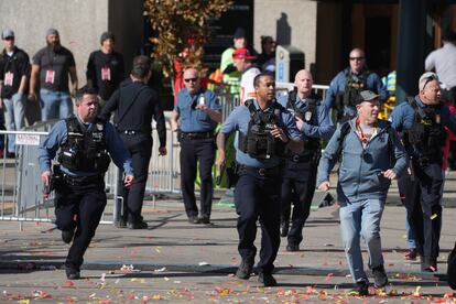 Police respond after gun shots were fired after the celebration of the Kansas City Chiefs winning Super Bowl LVIII. Feb 14, 2024; Kansas City, MO.