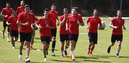 Los jugadores del Girona, durante una sesión de esta semana.