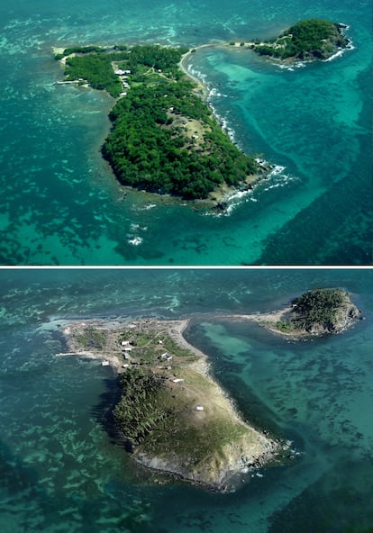 La composición muestra una vista aérea de la isla de los monos. A la izquierda, con todos sus árboles, en una imagen de 2008. A la derecha, su estado en 2020, tres años después del paso del huracán.