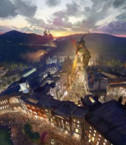 Fotografía cedida por Universal Orlando Resort en donde se ve una ilustración artística del callejón Diagon y su entorno del parque temático de Orlando (Florida) dedicado a las aventuras de Harry Potter y que ampliará el próximo año sus instalaciones, anunció este 8 de mayo, Universal Orlando Resort.