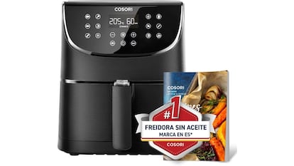 Freidora de aire Cosori, de 3,5 litros. Tiene una potencia de 1500 W, 11 modos de cocina preconfigurados, cesta de acero inosxidable oscurecido y pantalla tctil. Incluye un libro de 100 recetas de cocina.