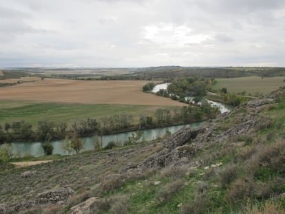 Vista de un meandro del río Tajo desde el yacimiento arqueológico de Caraca, en Driebes (Guadalajara)