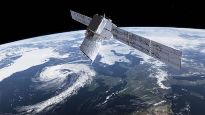 Recreación del satélite 'Aeolus' en el espacio.