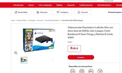 Pantallazo de la página web de Alcampo donde se oferta la PS4 por un céntimo.