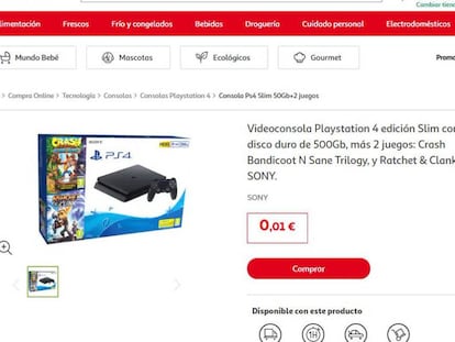 Pantallazo de la página web de Alcampo donde se oferta la PS4 por un céntimo.