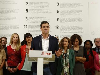  El secretario general del PSOE, Pedro S&aacute;nchez, durante su intervenci&oacute;n en el acto celebrado en Madrid.